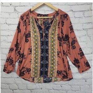 Mason & Belle Womens Long Sleeve Floral Boho Blouse With Tie Neck & Multicolored